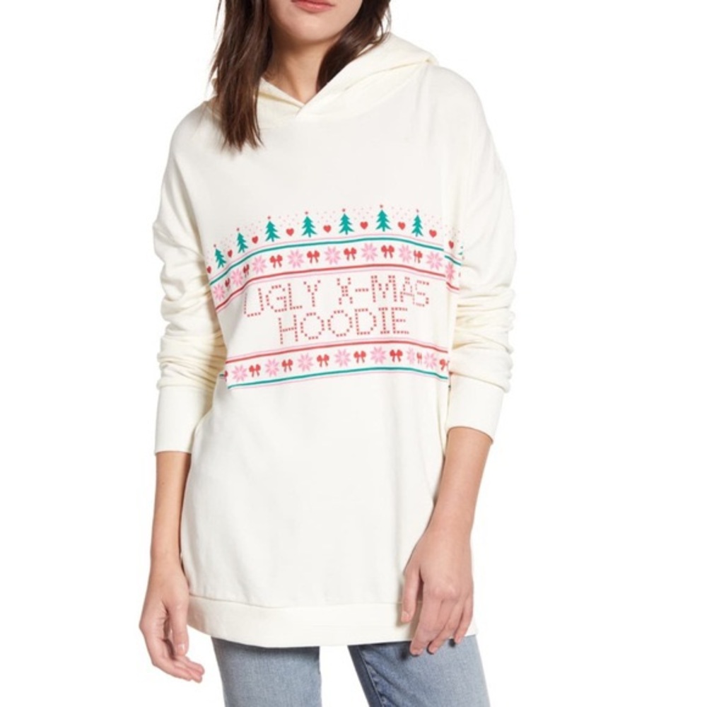 Wildfox Oversized Ugly X-mas Hoodie Cream Sweatshirt Size XL NWT
